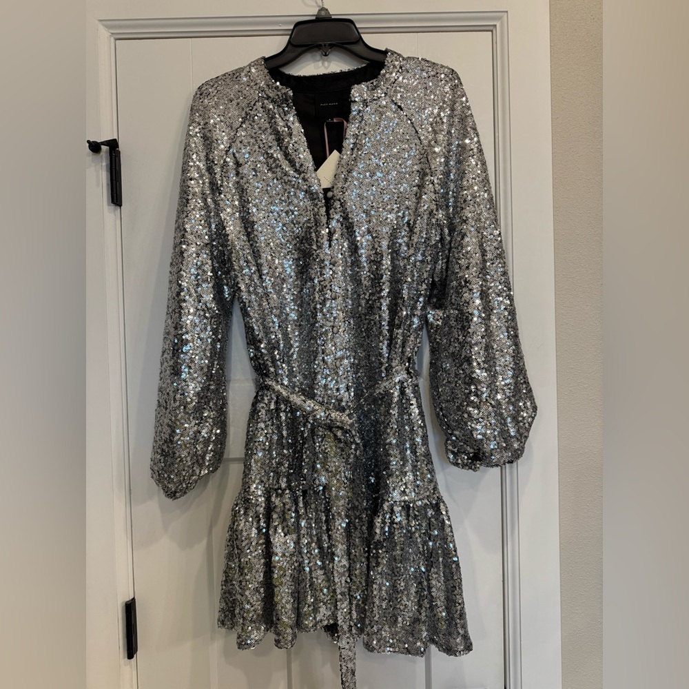 NWT. Alex Marie Shimmering Silver Sequin V-Neck Long Sleeve Tie Waist Mini Dress